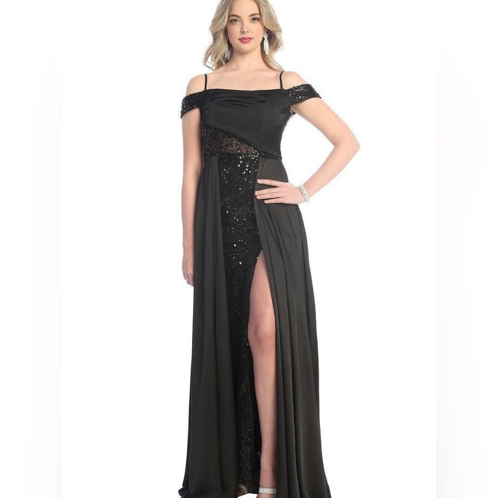 Cindy Collection Satin Dazzling Sequin Pleated Skirt Sheath Prom Black Dress S